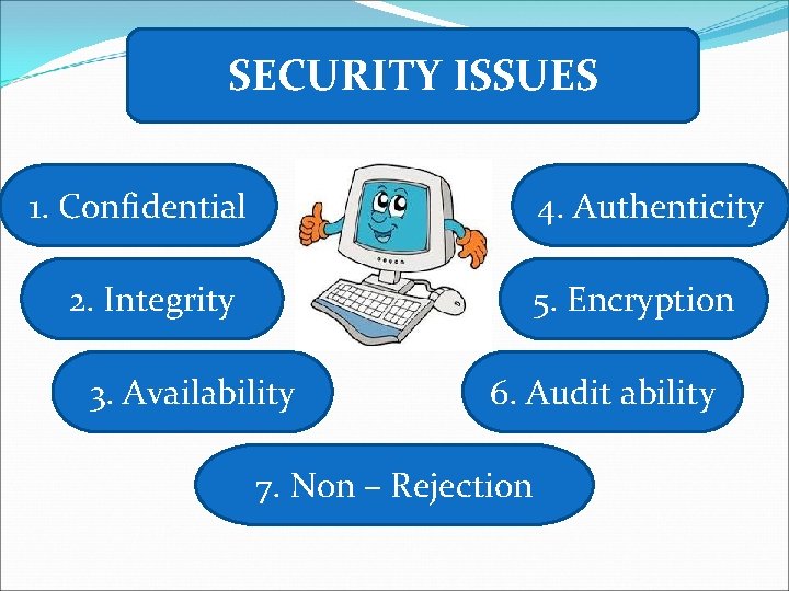 SECURITY ISSUES 1. Confidential 4. Authenticity 2. Integrity 5. Encryption 3. Availability 6. Audit