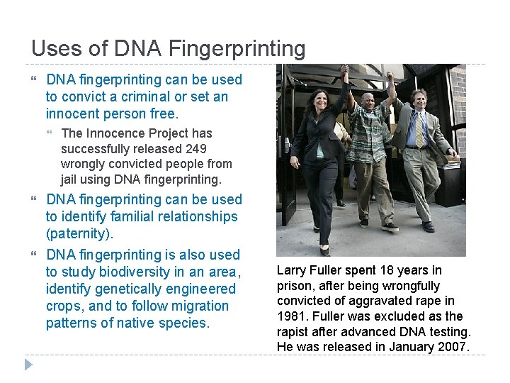 Uses of DNA Fingerprinting DNA fingerprinting can be used to convict a criminal or