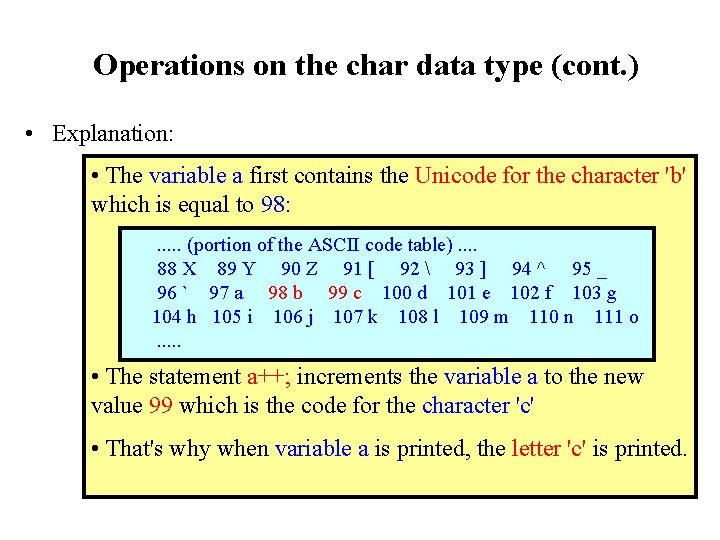 Operations on the char data type (cont. ) • Explanation: • The variable a