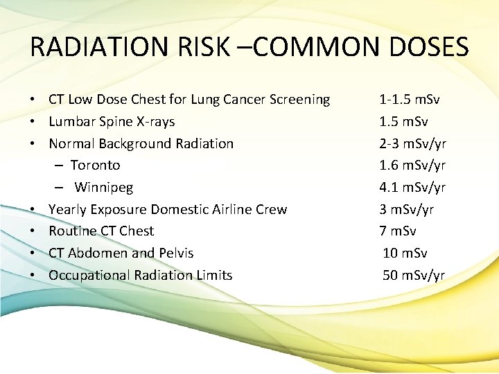 RADIATION RISK –COMMON DOSES • CT Low Dose Chest for Lung Cancer Screening •