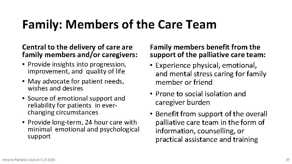 Family: Members of the Care Team Central to the delivery of care family members