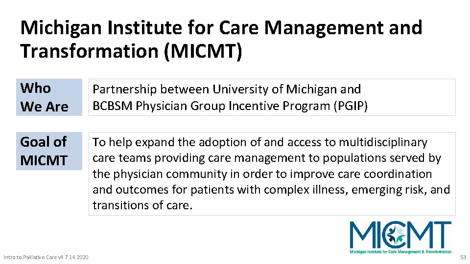 Michigan Institute for Care Management and Transformation (MICMT) Who We Are Partnership between University