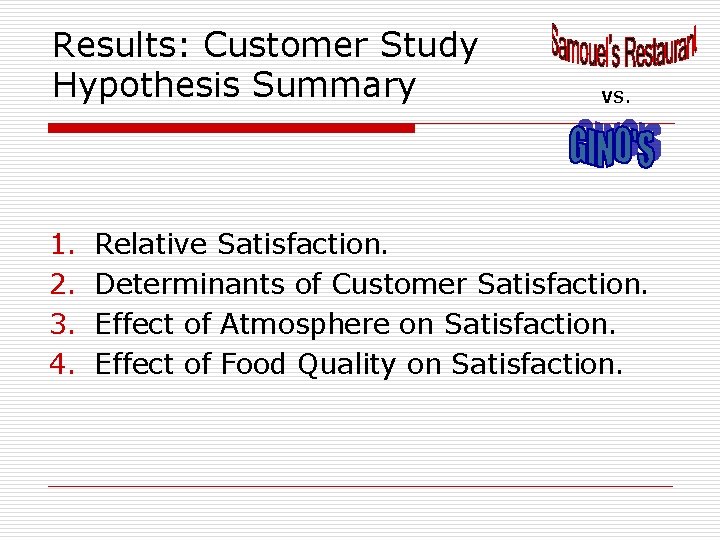 Results: Customer Study Hypothesis Summary 1. 2. 3. 4. VS. Relative Satisfaction. Determinants of