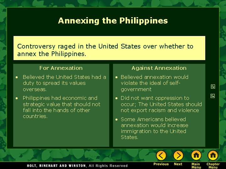 Annexing the Philippines Controversy raged in the United States over whether to annex the