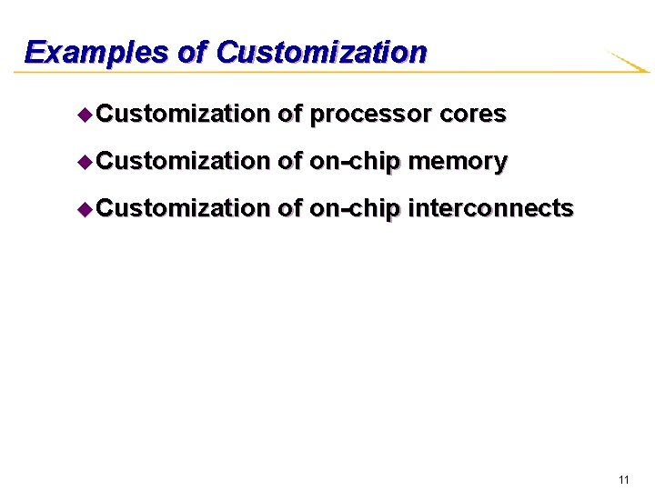 Examples of Customization u Customization of processor cores u Customization of on-chip memory u