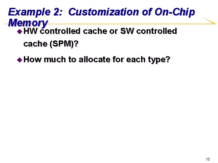 Example 2: Customization of On-Chip Memory u HW controlled cache or SW controlled cache