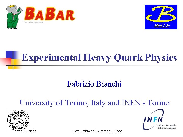 Experimental Heavy Quark Physics Fabrizio Bianchi University of Torino, Italy and INFN - Torino