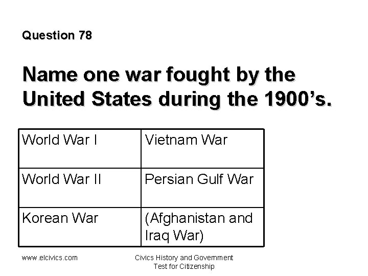 Question 78 Name one war fought by the United States during the 1900’s. World