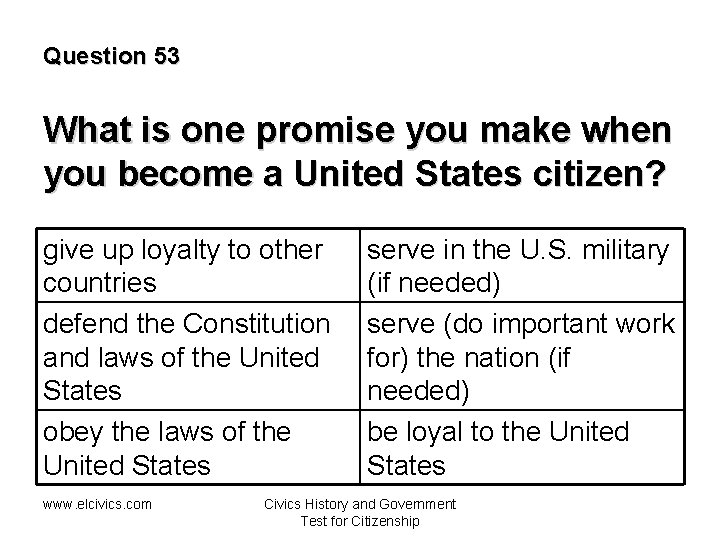 Question 53 What is one promise you make when you become a United States