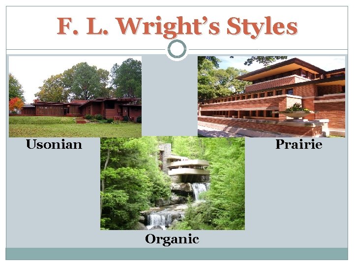 F. L. Wright’s Styles Usonian Prairie Organic 