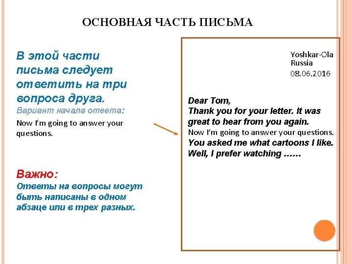 ОСНОВНАЯ ЧАСТЬ ПИСЬМА В этой части письма следует ответить на три вопроса друга. Вариант