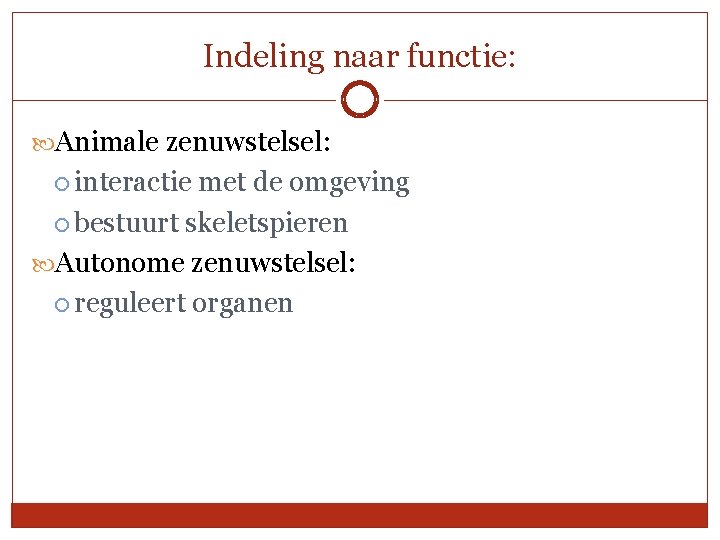 Indeling naar functie: Animale zenuwstelsel: interactie met de omgeving bestuurt skeletspieren Autonome zenuwstelsel: reguleert