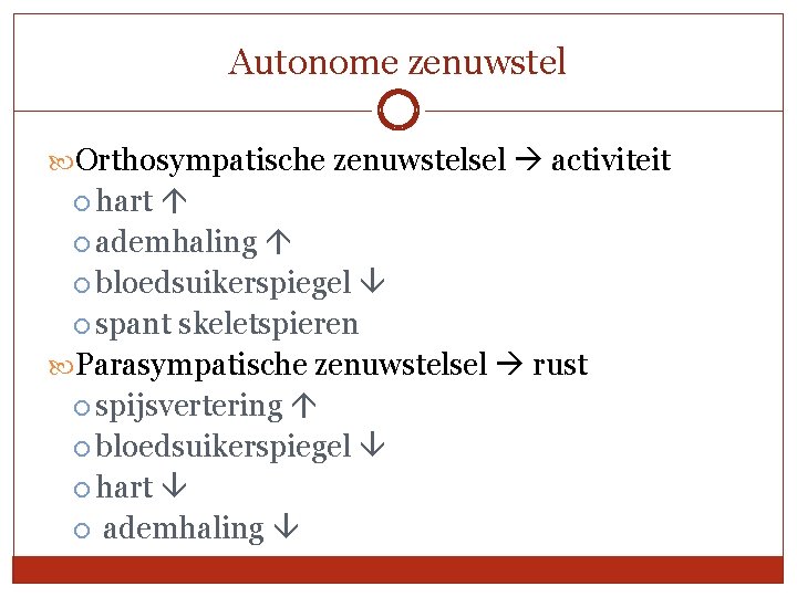 Autonome zenuwstel Orthosympatische zenuwstelsel activiteit hart ademhaling bloedsuikerspiegel spant skeletspieren Parasympatische zenuwstelsel rust spijsvertering