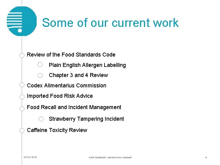 Some of our current work Review of the Food Standards Code Plain English Allergen