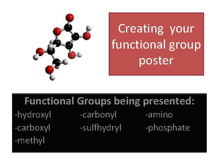 Creating your functional group poster Functional Groups being presented: -hydroxyl -carboxyl -methyl -carbonyl -sulfhydryl
