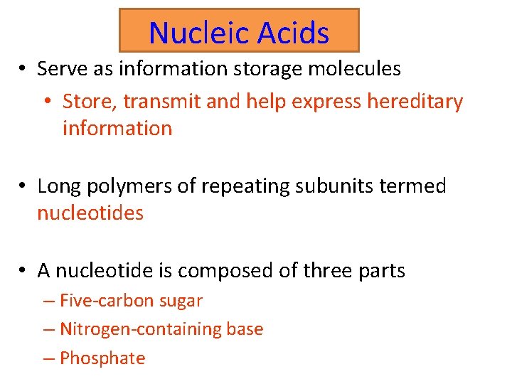 Nucleic Acids • Serve as information storage molecules • Store, transmit and help express