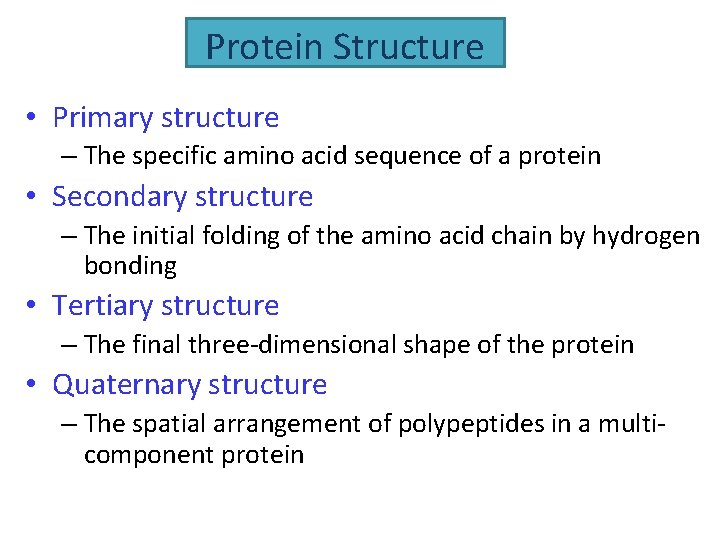 Protein Structure • Primary structure – The specific amino acid sequence of a protein