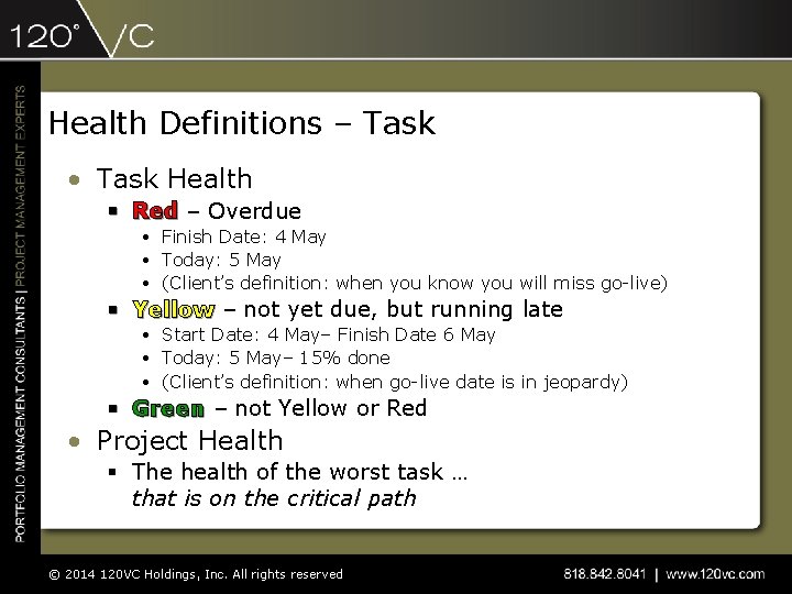 Health Definitions – Task • Task Health § Red – Overdue • Finish Date: