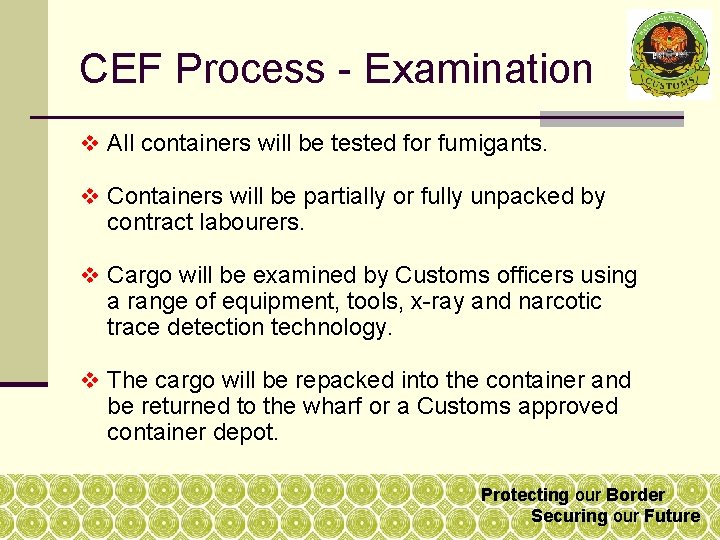 CEF Process - Examination v All containers will be tested for fumigants. v Containers CEF Process - Examination v All containers will be tested for fumigants. v Containers