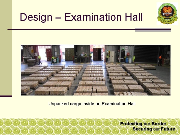 Design – Examination Hall Unpacked cargo inside an Examination Hall Protecting our Border Securing Design – Examination Hall Unpacked cargo inside an Examination Hall Protecting our Border Securing