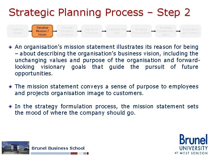 Strategic Planning Process – Step 2 Getting Ready Develop Mission / Vision Current Situation