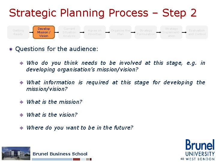 Strategic Planning Process – Step 2 Getting Ready Develop Mission / Vision Current Situation