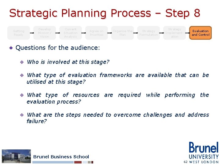Strategic Planning Process – Step 8 Getting Ready Develop Mission / Vision Current Situation