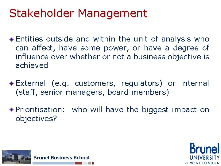 Stakeholder Management Entities outside and within the unit of analysis who can affect, have