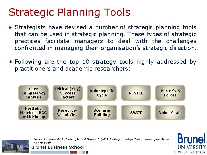 Strategic Planning Tools Strategists have devised a number of strategic planning tools that can