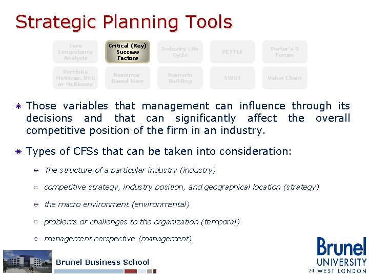 Strategic Planning Tools Core Competency Analysis Critical (Key) Success Factors Industry Life Cycle PESTLE