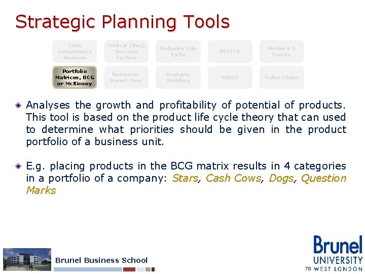 Strategic Planning Tools Core Competency Analysis Critical (Key) Success Factors Industry Life Cycle PESTLE