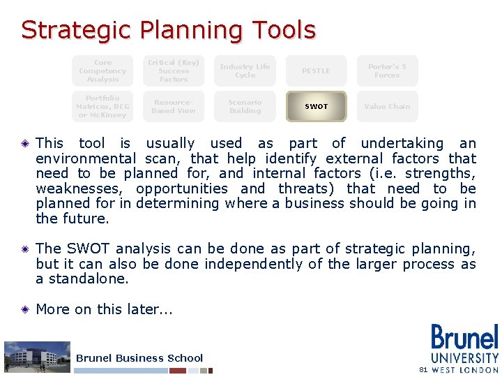 Strategic Planning Tools Core Competency Analysis Critical (Key) Success Factors Industry Life Cycle PESTLE