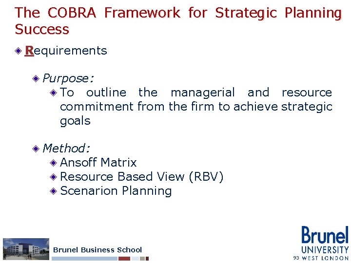 The COBRA Framework for Strategic Planning Success Requirements Purpose: To outline the managerial and