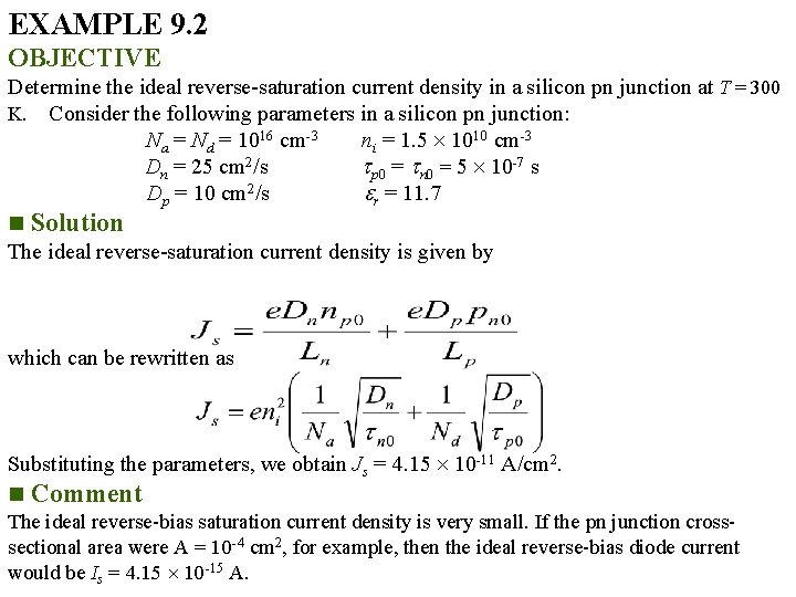 EXAMPLE 9 1 OBJECTIVE Calculate the minoritycarrier concentration