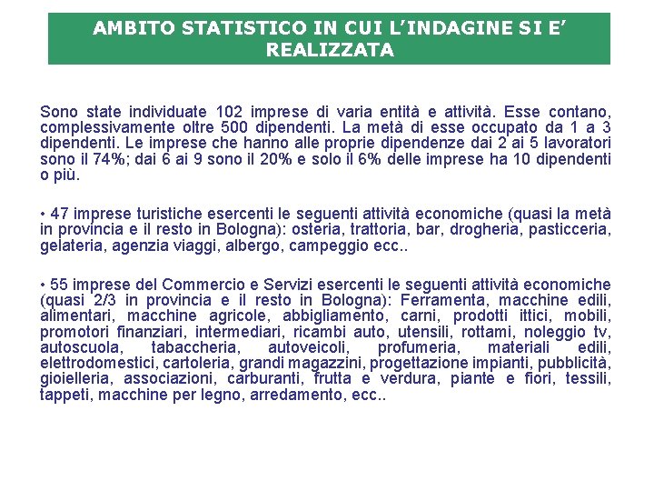 AMBITO STATISTICO IN CUI L’INDAGINE SI E’ REALIZZATA Sono state individuate 102 imprese di