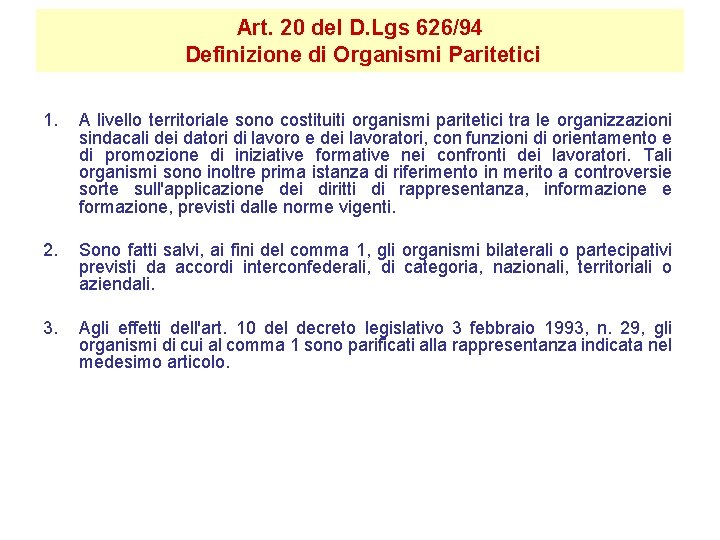 Art. 20 del D. Lgs 626/94 Definizione di Organismi Paritetici 1. A livello territoriale