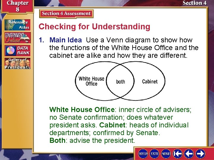 Checking for Understanding 1. Main Idea Use a Venn diagram to show the functions Checking for Understanding 1. Main Idea Use a Venn diagram to show the functions