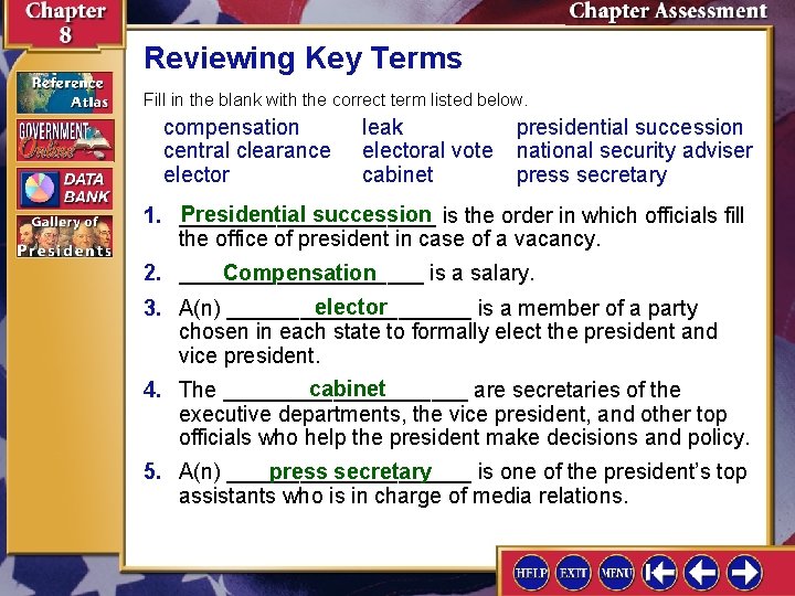 Reviewing Key Terms Fill in the blank with the correct term listed below. compensation Reviewing Key Terms Fill in the blank with the correct term listed below. compensation