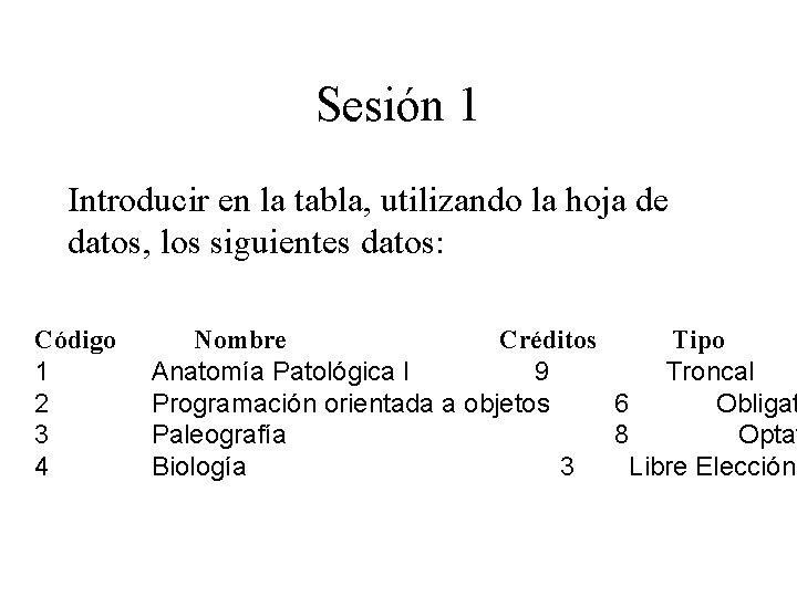 Sesión 1 Introducir en la tabla, utilizando la hoja de datos, los siguientes datos: