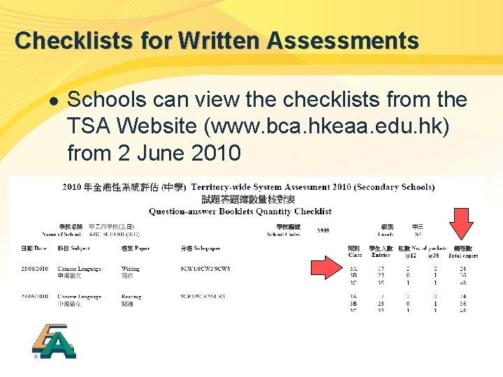 Checklists for Written Assessments l Schools can view the checklists from the TSA Website