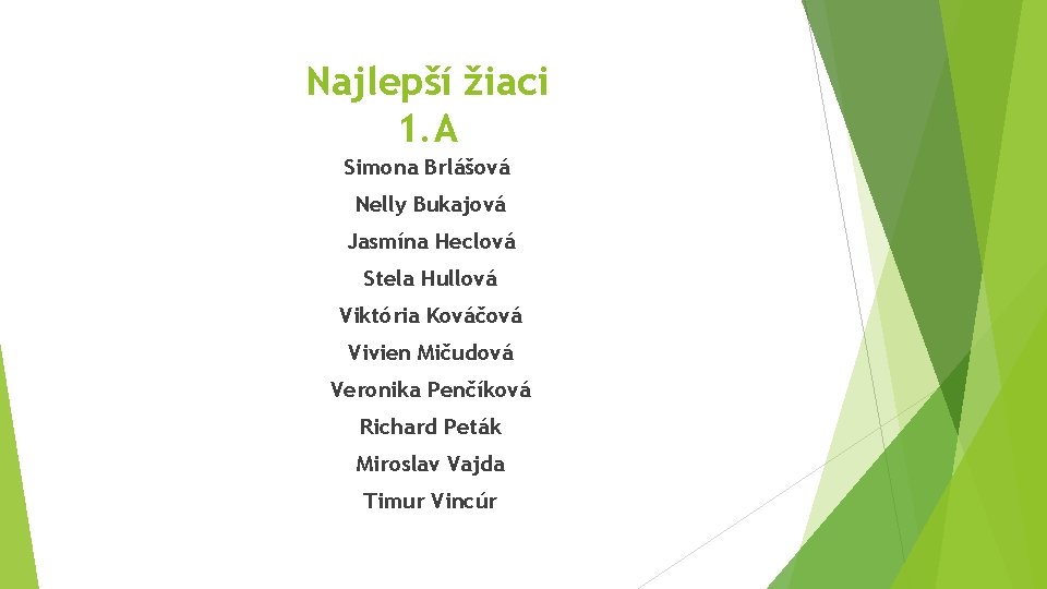 Najlepší žiaci 1. A Simona Brlášová Nelly Bukajová Jasmína Heclová Stela Hullová Viktória Kováčová