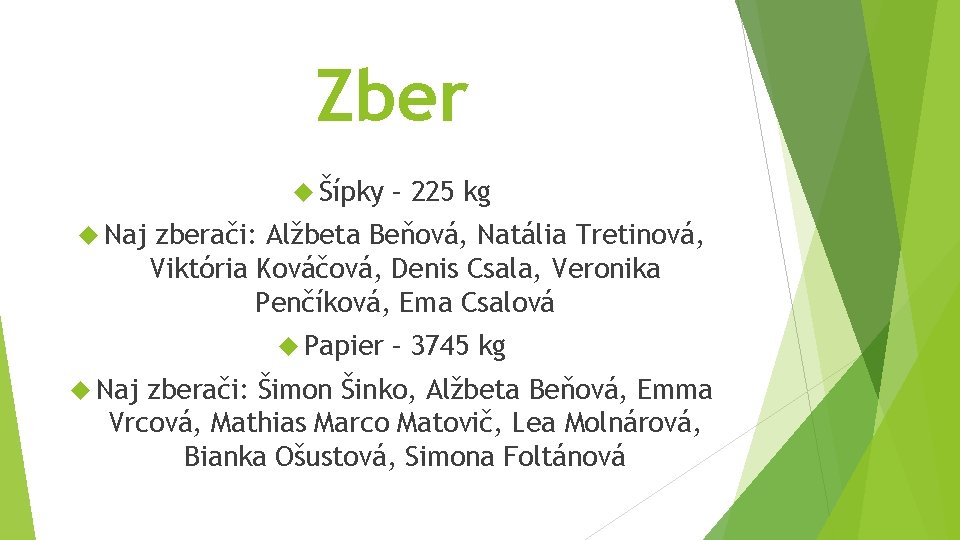 Zber Šípky Naj zberači: Alžbeta Beňová, Natália Tretinová, Viktória Kováčová, Denis Csala, Veronika Penčíková,