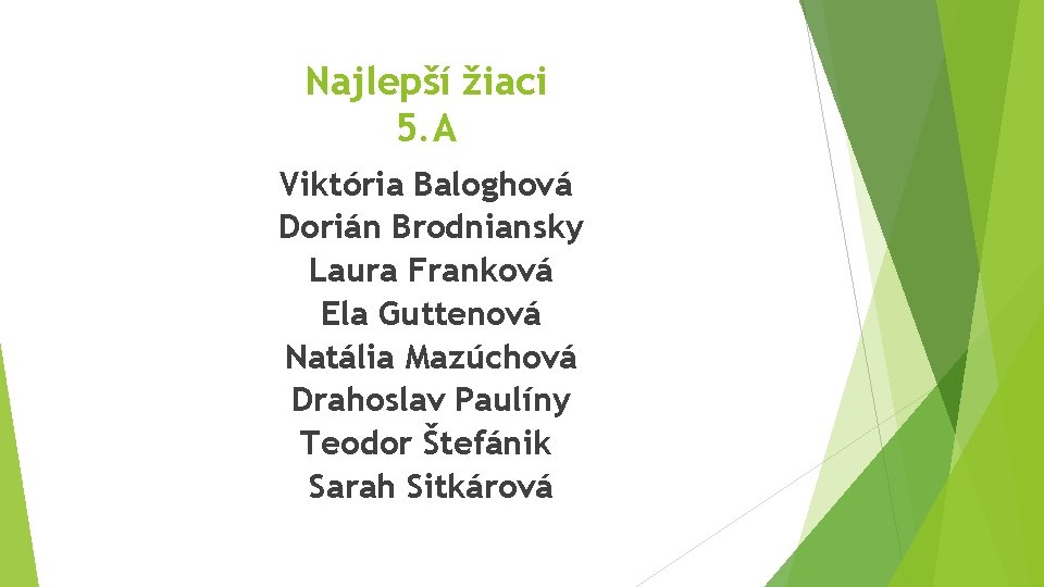 Najlepší žiaci 5. A Viktória Baloghová Dorián Brodniansky Laura Franková Ela Guttenová Natália Mazúchová