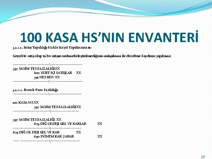 100 KASA HS’NIN ENVANTERİ 3. 1. 2. 1. Satış Yapıldığı Halde Kayıt Yapılmaması: Gerçekte