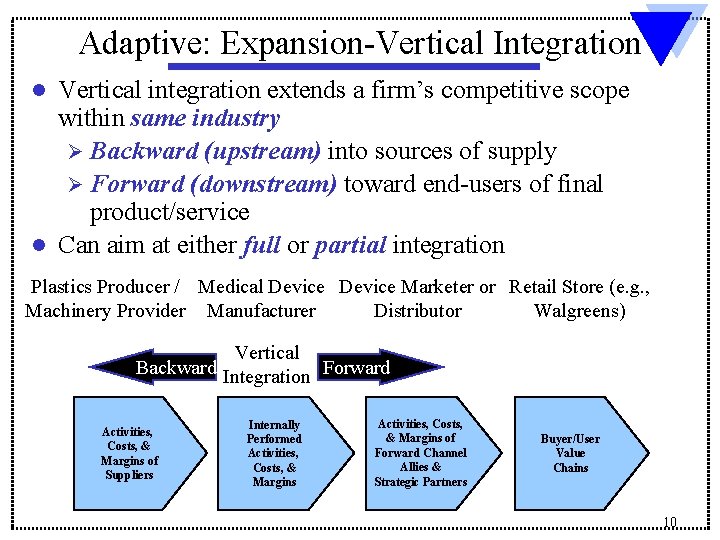 Adaptive: Expansion-Vertical Integration Vertical integration extends a firm’s competitive scope within same industry Ø