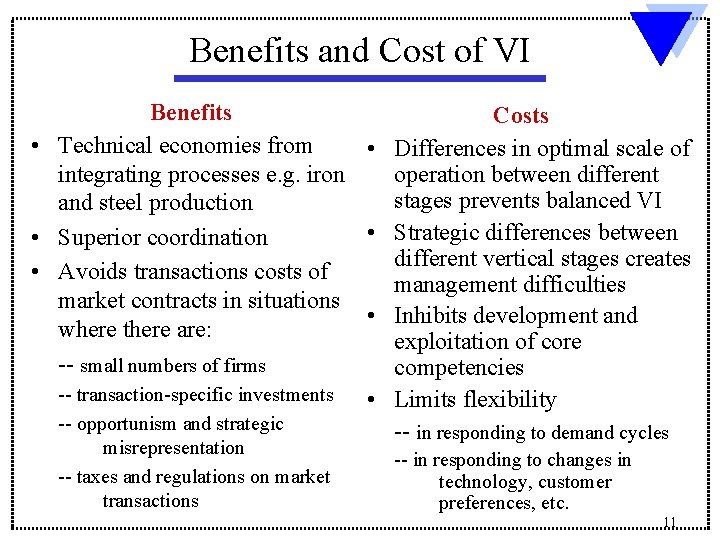 Benefits and Cost of VI Benefits Costs • Technical economies from • Differences in