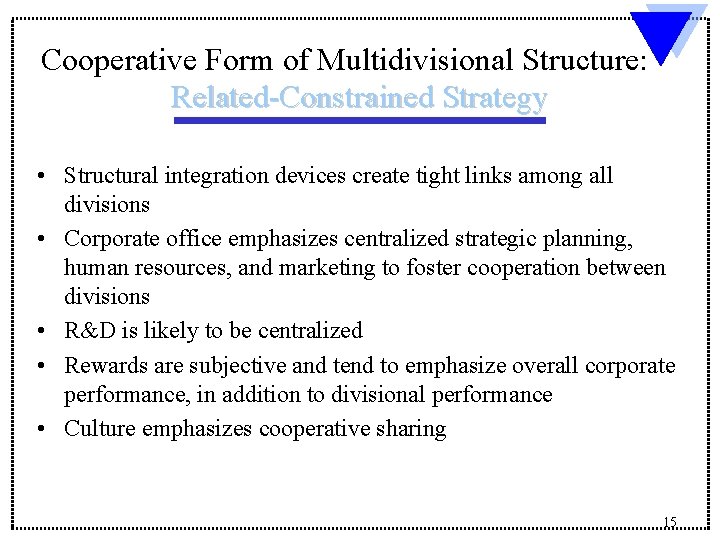 Cooperative Form of Multidivisional Structure: Related-Constrained Strategy • Structural integration devices create tight links