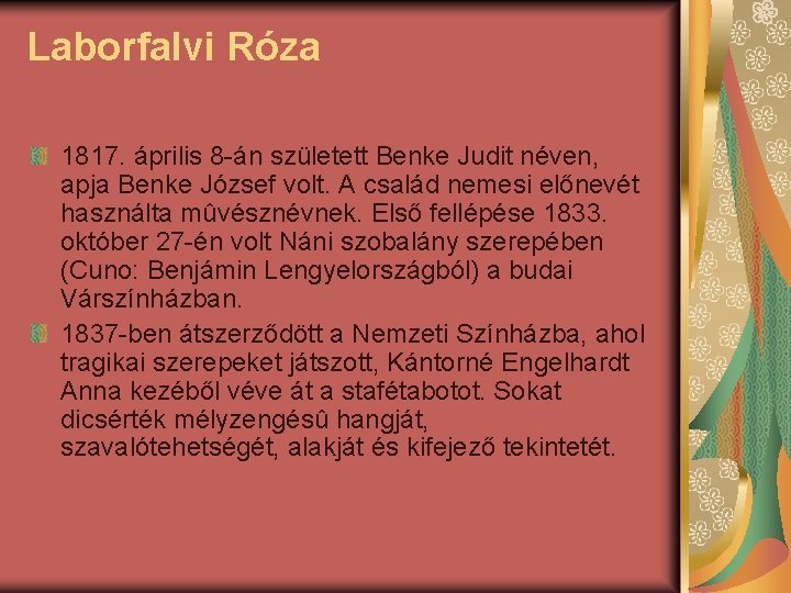 Laborfalvi Róza 1817. április 8 -án született Benke Judit néven, apja Benke József volt.