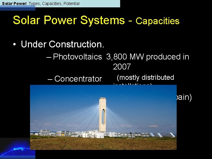 Solar Power: Types, Capacities, Potential Solar Power Systems - Capacities • Under Construction. –