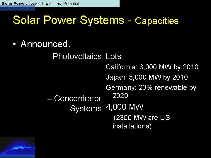 Solar Power: Types, Capacities, Potential Solar Power Systems - Capacities • Announced. – Photovoltaics
